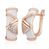 14 Karat Rolled Gold Hollow Geometric Curved White Ceramic AAA Zircon Diamonds Earrings