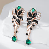 Gorgeous 14K Rolled Gold Green With Black AAA Zircon Crystals Flower Drop Earrings
