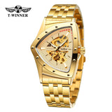 New Designer Luxury Triangle Skeleton Automatic Movement Business Gold Stainless Steel Mechanical Fashion Watches