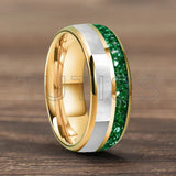 Dome Double Groove Inlaid With Green Crystal Stone Mother Of Pearl Shell Tungsten Rings