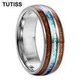 Dome Polishing Three Grooves Hawaiian Koa Wood Abalone Shell Inlay 8mm Tungsten Ring