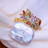 Big Baroque Natural Freshwater Pearl AAA Zircon Crystals Gold Colour Rings