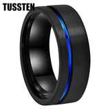 New Arrival 8MM Black Blue Offset Grooved Brushed Tungsten Carbide Wedding Ring for Men Women - The Jewellery Supermarket