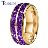 Purple Crystal Stone Inlay Domed Polished 6mm 8mm Tungsten Wedding Men Women Rings