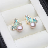 Real Cultured River Freshwater Pearl AAA Zircon Diamonds Stud Silver Earrings