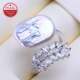 Big Baroque Real Pearl 18K Gold Plated AAA Zircon Diamonds Leaf Cluster Ring