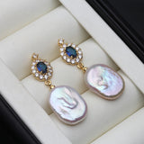 Genuine Big Baroque White Pearl AAA Zircon Diamonds Gold Plated Earrings