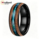 Inlaid Whiskey Barrel Wood and Blue-Green Opal 6/8MM Men Women Tungsten Rings