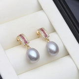 Curved Bar Silver Multicolour Real Pearl Red and Clear AAA zirconia Dangle Earrings