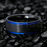 Matte Silver Brushed Center Shiny Blue Beveled Edges Two Tone 6/8mm Tungsten Rings