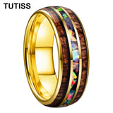Inlaid Hawaiian Koa Wood Crushed Fire Opal 6/8mm Black Tungsten Carbide Rings