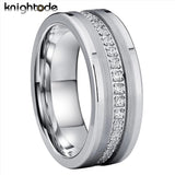 Inlaid Zircon Silver/Black Brushed Finish 8MM Tungsten Steel Wedding Rings