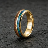 Inlaid Whiskey Barrel Wood and Blue-Green Opal 6/8MM Men Women Tungsten Rings