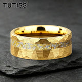 6/8mm Hammered Offset Groove Inlaid Moonstone Gold Foil Tungsten Carbide Rings