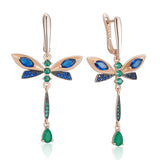 Dragonfly Design 14K Rolled Gold Blue AAA Zircon Crystals Dangle Vintage Earrings