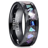 Good Quality 8mm Starry Sky Bottom Abalone Shell Lasa Black Edge Hammered Tungsten Carbide Men's Rings
