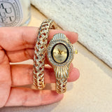 Snake Head Embellished Crystals Hollow-Out Woven Steel Bracelet Women's Watch