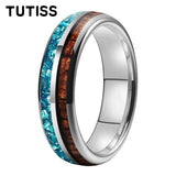 Inlaid Hawaiian Koa Wood Sky Blue Crystal Stone 6/8mm Tungsten Carbide Rings