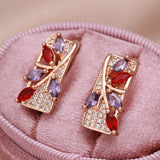 14K Gold Filled AAA Inlay Jelly Green Violet Zircon Diamonds Gold Flower Square Earrings