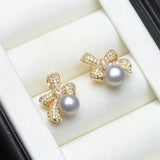 Beautiful Bow Design Real Pearl AAA Zircon Diamonds Silver Gold Colour Stud Earrings