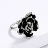 Elegant Unique Black Flower Handmade Enamel AAA Zircon Diamonds Ring
