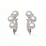 Branch Design Real White Pearl AAA Zircon Diamonds Silver Stud Earrings