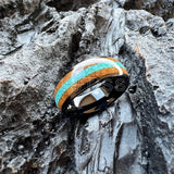 Amazing Whiskey Barrel Oak Wood Crushed Turquoise Inlay Tungsten Carbide Rings