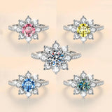 Sunflower Design VVS1 1/2CT Coloured Moissanite Diamonds Engagement Wedding Rings Silver GRA Certified Jewellery