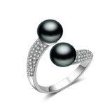 Luxury Real Pink Black White Purple Double Pearl AAA Zircon Diamonds Silver Rings