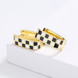 High Quality Checkerboard Handmade Enamel Black and White Plaid Stud Earrings