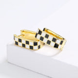 High Quality Checkerboard Handmade Enamel Black and White Plaid Stud Earrings