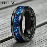 Blue Glass Stone Inlay Beveled Edge Polished 6/8mm Tungsten Carbide Rings