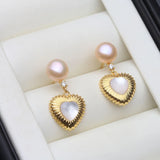 Fluted Heart Real Multicolour Pearls AAA Zircon Diamonds Silver Stud Earrings