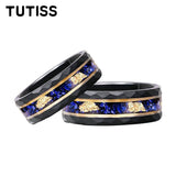 New 8mm Black Hammered Inlay Blue Glass Stone Gold Foil Tungsten Carbide Rings