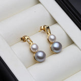 Beautiful Real White Black Grey Double Pearl Stud Drop Gold Colour Earrings