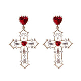 Vintage Red Heart Crystal Christian Earrings for Women - Cross Pendant Rhinestone Dangle Jewellery - The Jewellery Supermarket