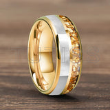 Dome Double Groove Inlaid Golden Crystal Stone Mother Of Pearl Shell 6/8mm Tungsten Ring
