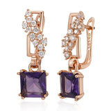 Luxury Large Square AAA Purple Zircon Crystals 14K Rolled Rose Gold Dangle Earrings - Vintage Style Jewellery