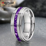 Purple Crystal Stone Inlay Brushed Finish Silver Finish 6/8MM Tungsten Rings