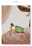 14K Gold Plated Stainless Steel Green Natural Stone AAA Zirconia Water Drop Geometric Ring