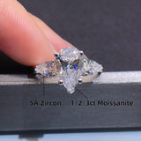 Amazing 3 Stone 18KGP  Pear Cut Water Drop 3ct Moissanite Ring S925 Silver Eternity Rings Certified Fine Jewellery