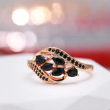 New Season Rolled 14K Rose Gold Women's Ring With Water Drop AAA Black Zircon Crystals Elegant Luxury Jewellery