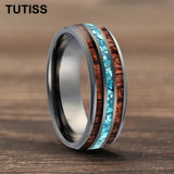 Inlaid Hawaiian Koa Wood Sky Blue Crystal Stone 6/8mm Tungsten Carbide Rings