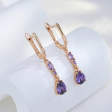 Classic Drop Shape Purple 14K Rolled Rose Gold AAA Zircon Crystals Dangle Earrings - Fine Jewellery