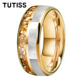 Dome Double Groove Inlaid Golden Crystal Stone Mother Of Pearl Shell 6/8mm Tungsten Ring