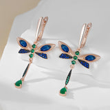 Dragonfly Design 14K Rolled Gold Blue AAA Zircon Crystals Dangle Vintage Earrings