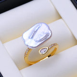 Freshwater Big Baroque Pearl Wrap Pear Cut AAA Zircon Diamond Gold Colour Ring