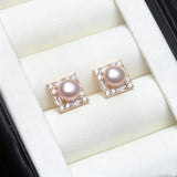 Square Design Real Multicolour Pearls AAA Zircon Diamonds Silver Stud Earrings