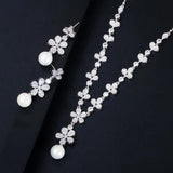 New Sparkling AAA+Cubic Zirconia Diamonds Silver Colour Long Pearl Drop Earrings Necklace Wedding Jewellery Set - The Jewellery Supermarket