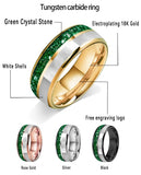 Dome Double Groove Inlaid With Green Crystal Stone Mother Of Pearl Shell Tungsten Rings